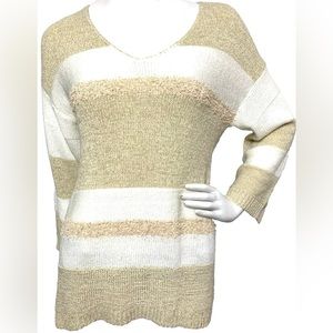 🦀Soft Surroundings Textured, Metallic Tan Stripes Long Sleeves, V-neck. Small